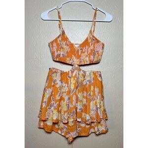 Sky to Moon Womens M Orange Floral Cutout Romper Smocked Tiered Boho